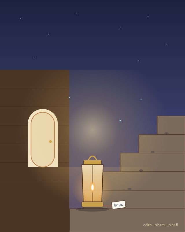 At night, a lit lantern stands at the foot of stone stairs by an open door, with a small tag on a string that says for you.